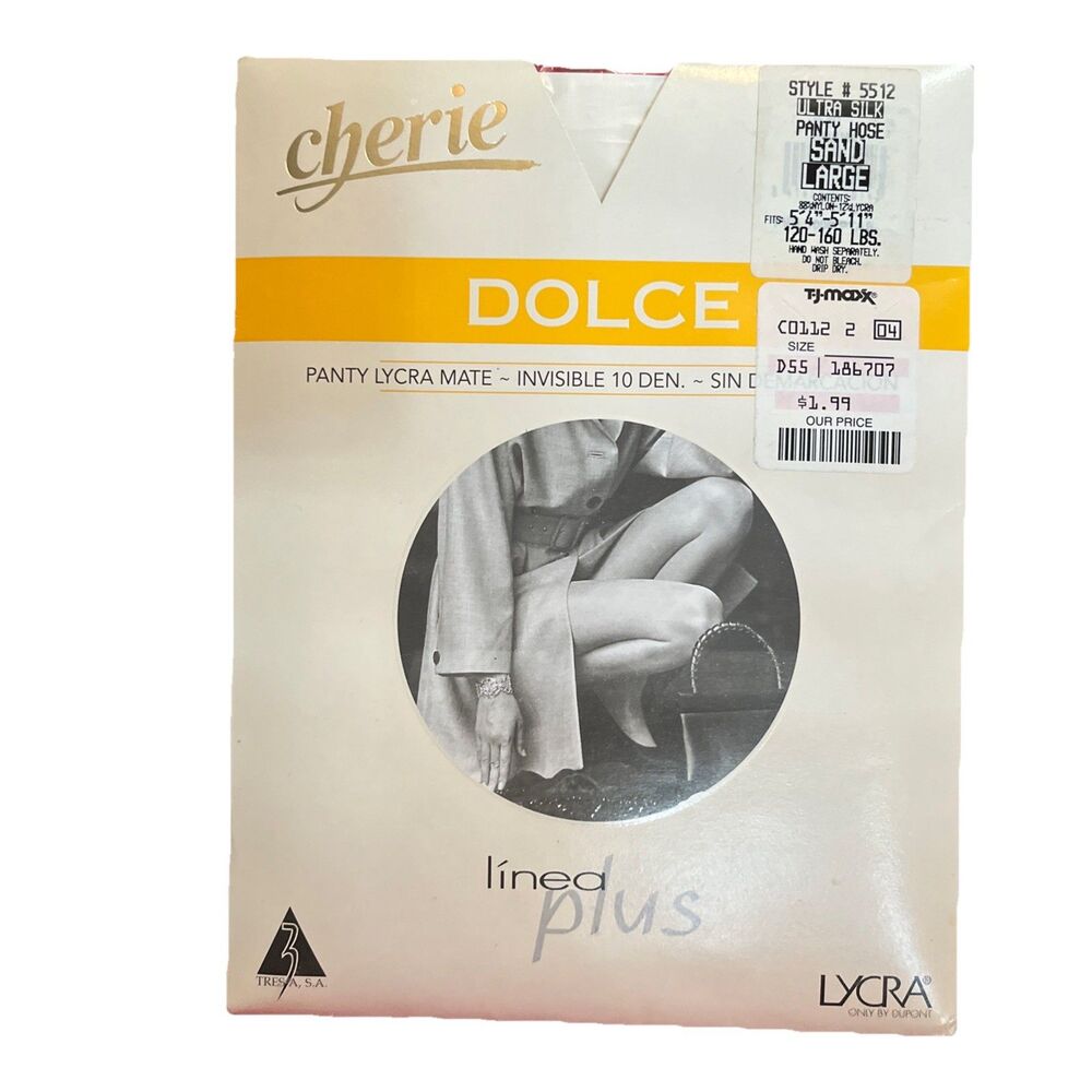 Cherie Dolce Pantyhose Lined Plus Lycra Nylons Style 5512 Ultra Silk Sand Large